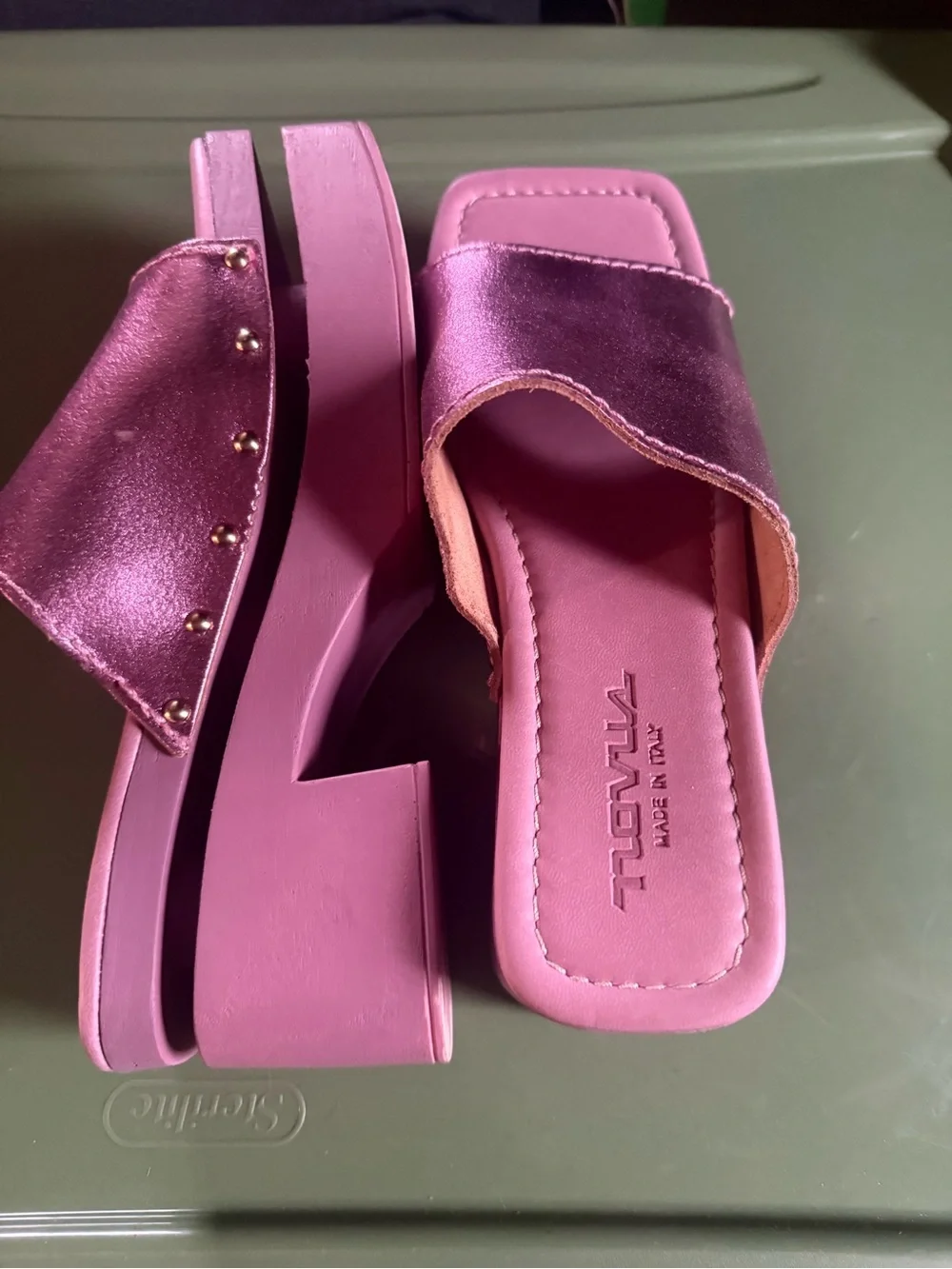 Novus Pink Leather Metallic Platform Slide Sandals